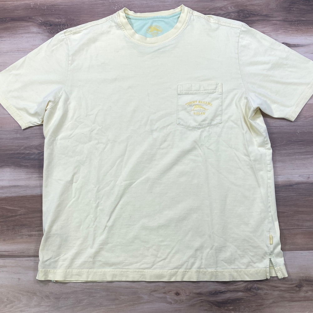 Tommy Bahama Pocket T-Shirt Mens XL Relax Pima Cotton Pale Yellow Casual Beach